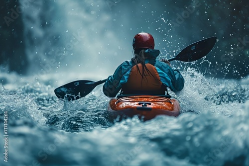 Woman with paddle and helmet kayaking in whitewater. Concept adventure, sport