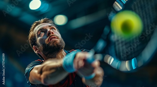 Dramatic shot of a tennis player serving with intense focus and determination in a championship setting. [Tennis player serving with focus and determination in championship setting