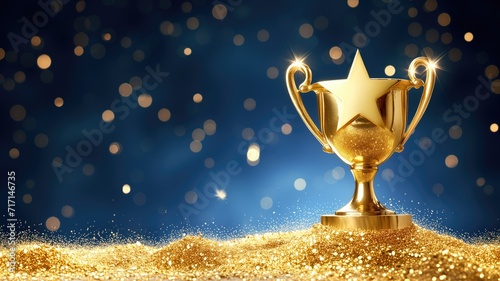 A star-shaped trophy on a glittery golden background with bokeh