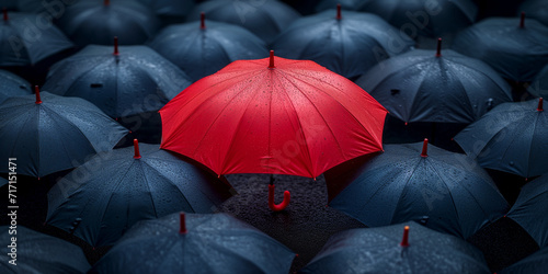 Striking Red Umbrella Standing Out among Black Umbrellas - Unique Concept Background 