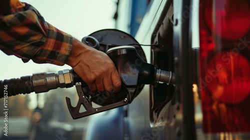 A detailed close-up of a man expertly refueling a gas truck or car, highlighting the meticulous process and emphasizing the essential role of refueling in the automotive industry.