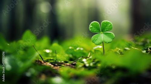 A single green clover is growing in the middle of a forest. Generative AI.