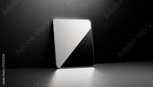 A sleek, unbroken mirror with a minimalist design, set against a bold monochromatic background