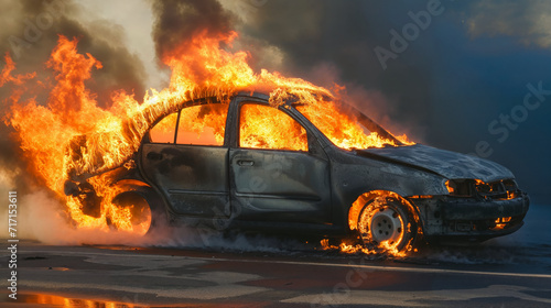Car is ablaze during daytime, with intense flames consuming its interior and exterior.