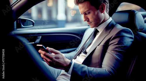 Businessman in Car Looking at his Mobile Phone