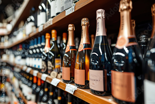Champagne bottles on wine Store shelves. People purchasing gastronomy food concept