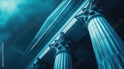 Blue-toned columns and entablature of a neoclassical building