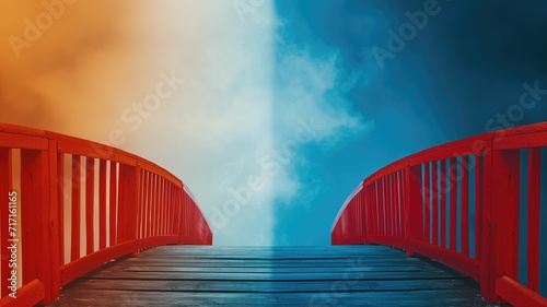 Split view of a bridge with red and blue hues