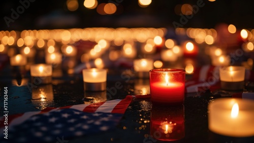 Candles with an American flag, a symbol of remembrance or memorial