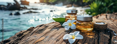 spa skin care product on wooden table with flower