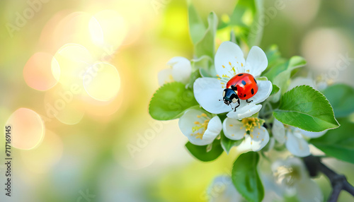 bug ladybug on the white apple flower summer day light on blurred nature background