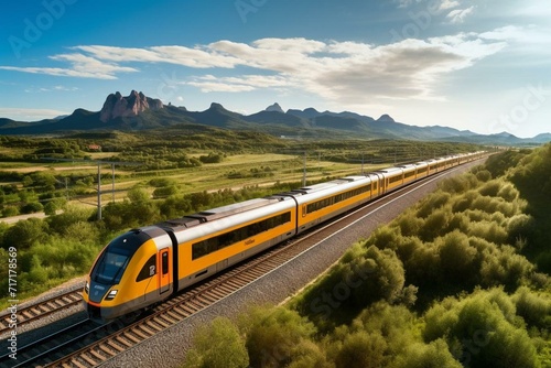 Aerial view: fast train in Spain, connecting Barcelona to Madrid. Scenic landscape features the Catalan countryside and Montserrat mountain range. Generative AI