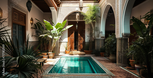 Patio with swimming pool in luxury riad in Morocco