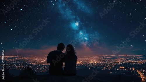 silhouette of a couple sitting on top of a hill looking at the stars over the city