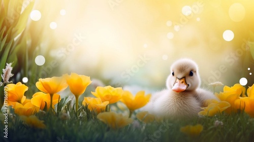 Cute duckling on flower meadow against blurred sunny background. Banner with copy space, poster, greeting card, postcard, calendar, cover. Concept: Easter, poultry farming, Factory farming, incubator 