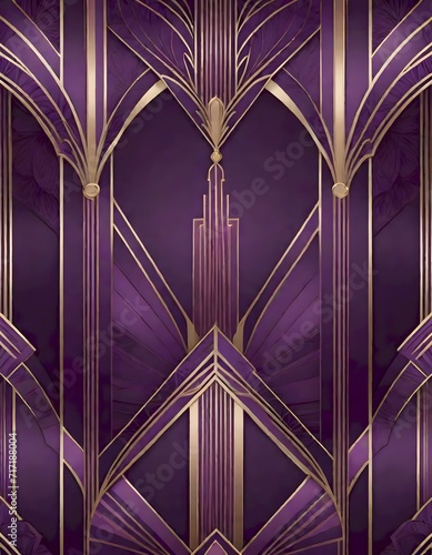 Purple and Gold Pattern in Art Deco Style, Generative AI