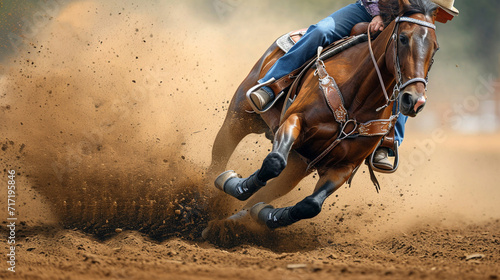 A skilled rodeo cowgirl executing a perfect barrel racing turn, her horse kicking up dust in a blur of motion, showcasing the speed and agility required in rodeo events.