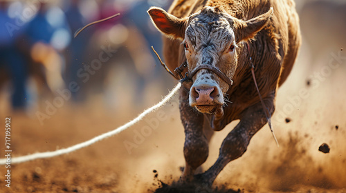 A close-up of a determined rodeo calf roper swiftly lassoing a calf during a roping competition, showcasing the precision and speed required in this traditional rodeo event.