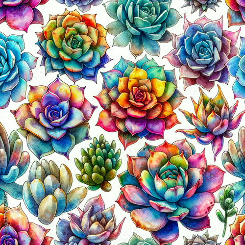 Vibrant Botanical Mosaic: Colorful Succulent Spectrum pattern, High quality 3d illustration