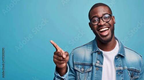 cheerful african man with glasses, pointing generative ai