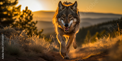 lone wolf (Canis lupus) traversing the mountains at sunset