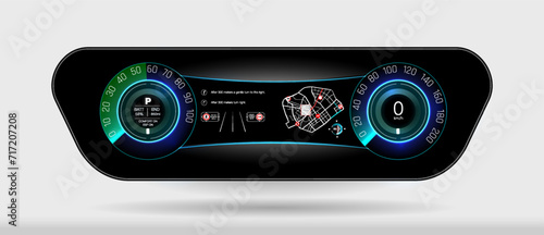 Futuristic Digital Car Dashboard Display with Vibrant Colors and Clear Readings, Ideal for Modern Vehicle Interior Design Concepts