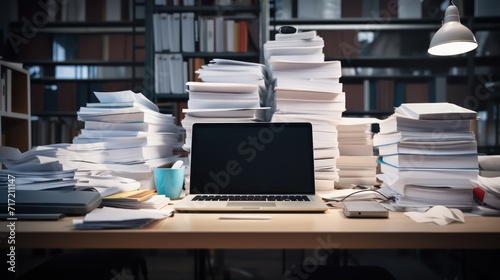 Busy office desk with a laptop and a large stack of paperwork