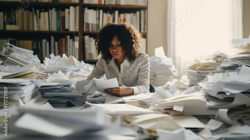 A worried black woman doing financial planning surrounded by lots of paper. 