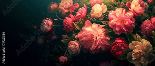 Antique wallpaper of colorful peonies. Rococo style and chiaroscuro lighting. Versailles style. Vibrant resource background.