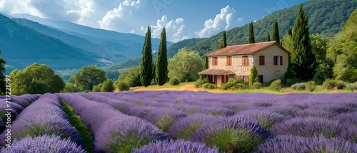 Picturesque lavender fields with rustic house, relaxing nature scene captured on summer day. AI