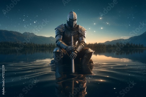 Knight kneeling leg resting. Iron and futuristic armored warrior with water waves. Generate AI