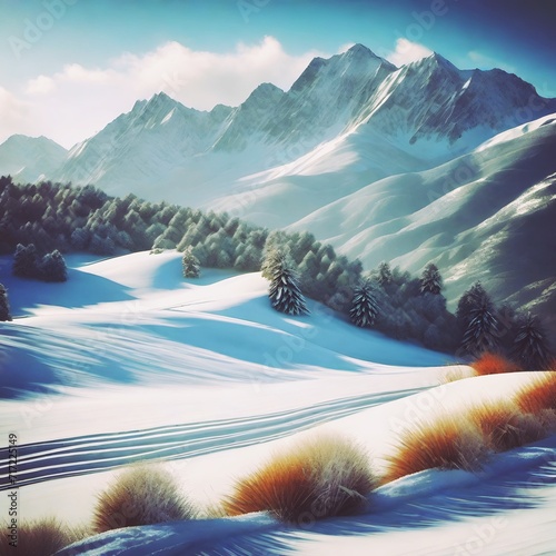 Snow Forest Mountain Tree Landscape Winter background. A serene winter landscape with a snow covered forest and mountain range, gleaming peaks, snow laden slopes