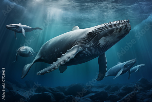 Wale im Meer, Walfamilie in blauem Wasser