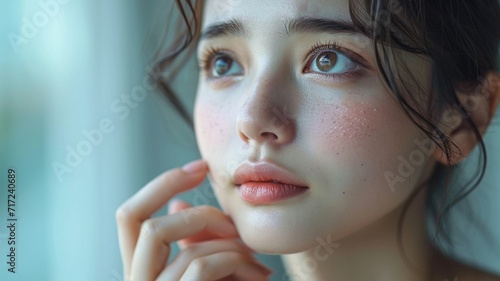 Dermatology, expression face worry asian young woman looking mirror hand touch facial generative ai