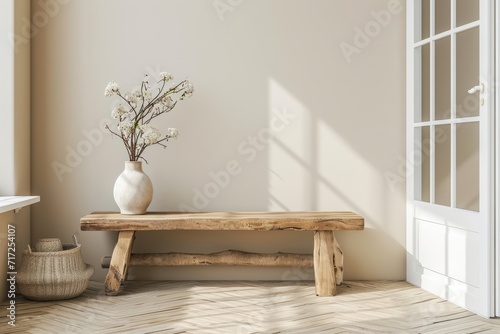Eingangsbereich mit einer Holzbank. Licht und Schatten spielen auf einer weißen Wand. Naturholzbank als Einrichtung.