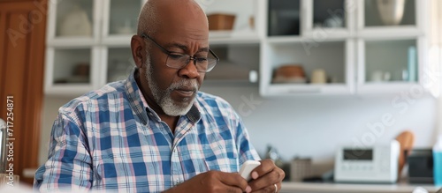 African American man with diabetes tests glucose levels at home