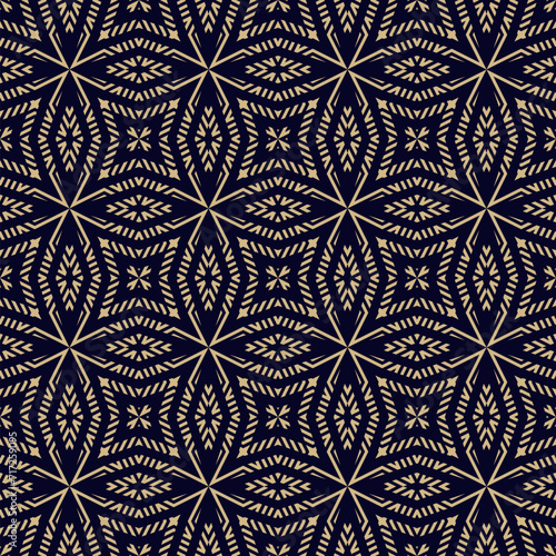 Vector geometric seamless pattern. Abstract black and gold folk texture with ornamental grid, lattice, rhombuses, floral shapes. Tribal ethnic motif. Elegant background. Golden luxury repeated design