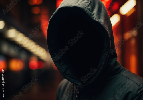 Bad guy with no face. Hooded criminal man in the metro station. Pickpocket thief with hidden face. Hacker in black hoodie