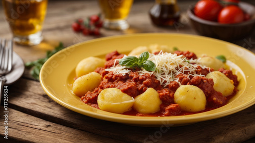 portion of Italian gnocchi with tomatoes and cheese on a wooden table in a rustic setting