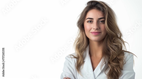 Portrait of young female doctor in medical uniform isolated on white background. Portrait of smiling cosmetologist looking at camera.