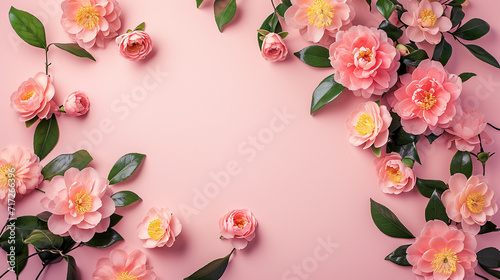 Delicate camellias arranged in a minimalist fashion on a soft pastel backdrop, Valentine's Day, Flat lay, top view, aesthetic background, with copy space