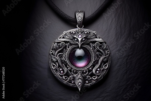 Gothic silver mystic Scandinavian necklace on black background