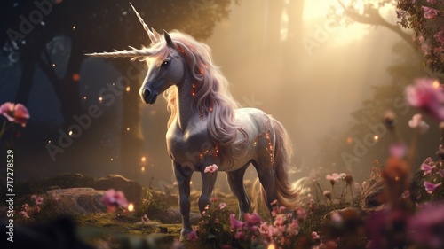 Beautiful young unicorn standing in a forest of colorful bright flowers Ai generated art