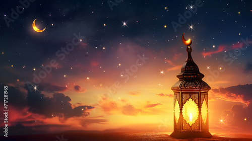 Ramadan lantern with beautiful night background decorated with stars and crescent moon