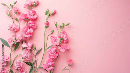 Delicate pink sweet peas on a blush pink background, exuding romance, wedding, Flat lay, top view, with copy space