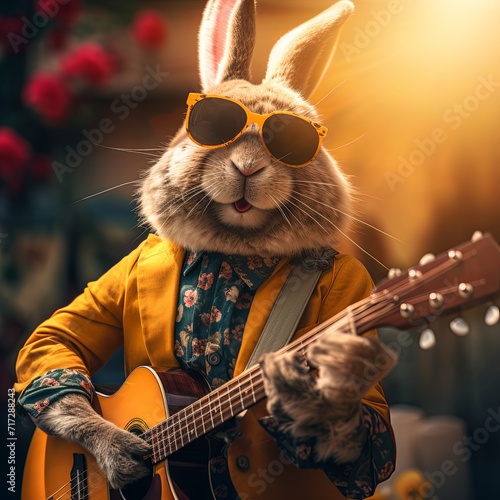 Cool Easter bunny as a rockstar with a guitar and sunglasses.