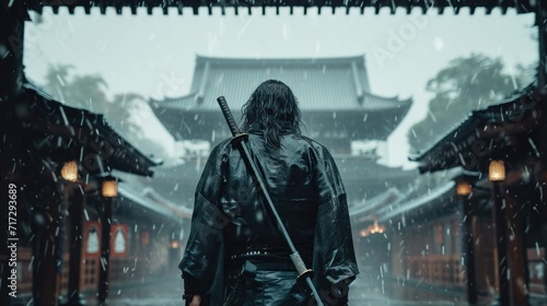 a epic samurai with a weapon sword standing in front of a old japanese temple shrine.