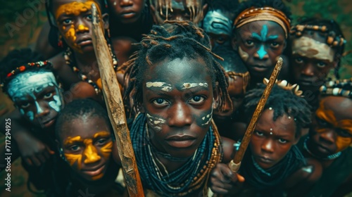 Young men and women from African tribes are half-naked, covered in cultural tattoos, and makeup, and armed with stone spears. Ethnic groups in Africa