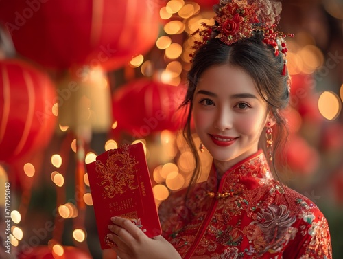 Red Envelope Exchange,Chinese model is exchanging red envelopes (hongbao) in a joyous setting