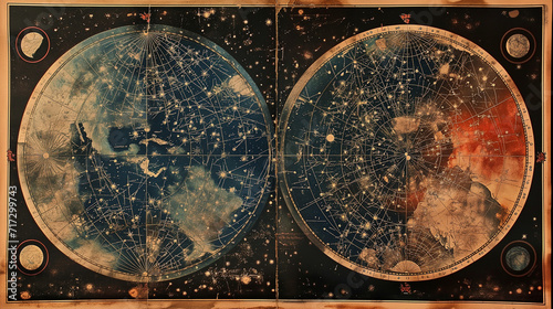 Ancient and vintage star map with an old representation of constellations and stars, adorned with golden symbols of medieval astrology, and phases of the moon and celestial bodies